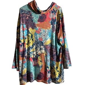 Ali Miles Womens 1X Tunic Top Multi Color Abstract Patchwork Cowl Neck Pockets